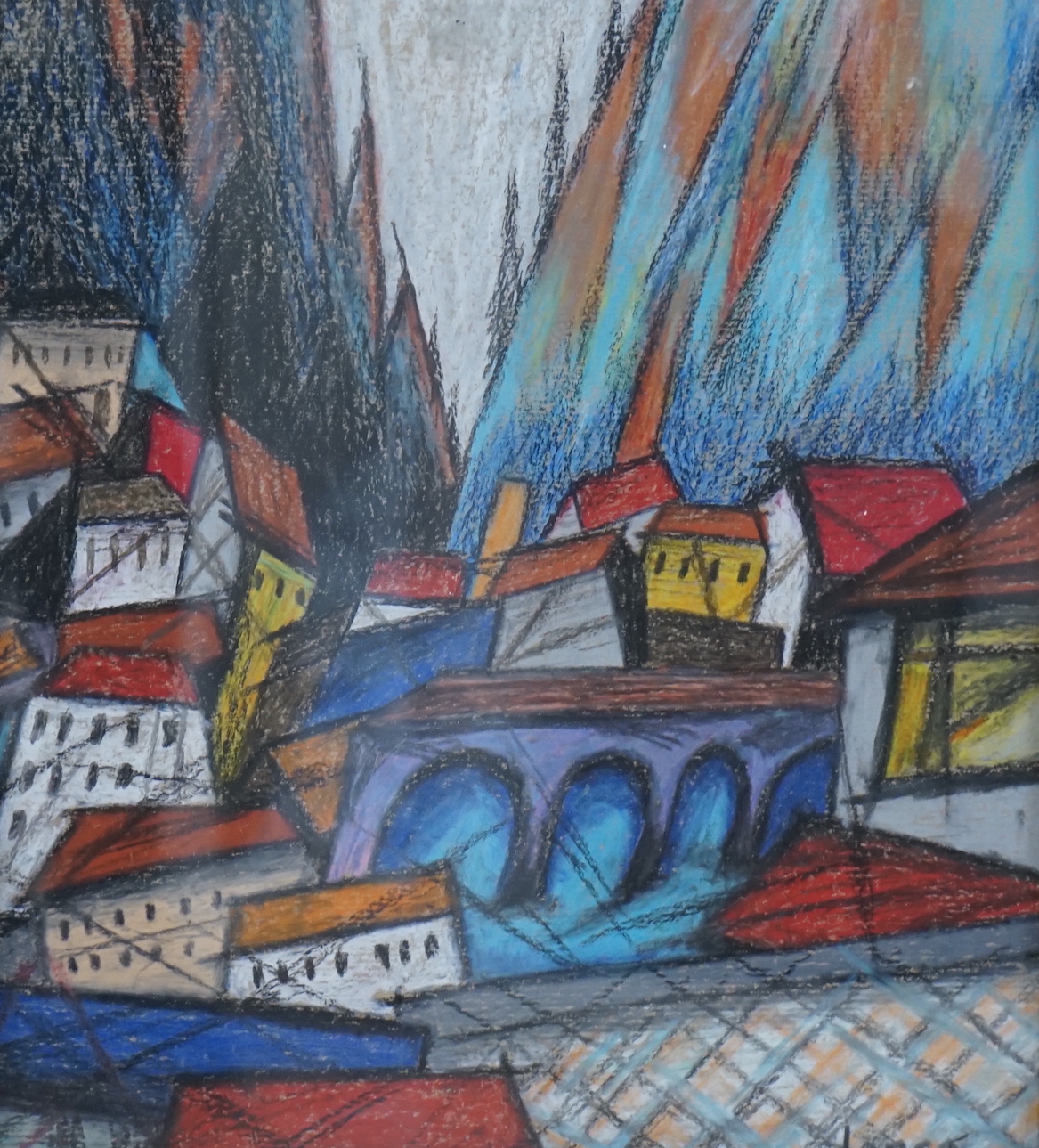 After Marcel Janco (1895-1984), crayon, Abstract cityscape, 35 x 30cm